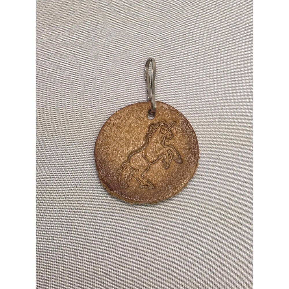 Vintage Leather Unicorn Keychain, Embossed Brown Leather Key Fob, Mythical Horse